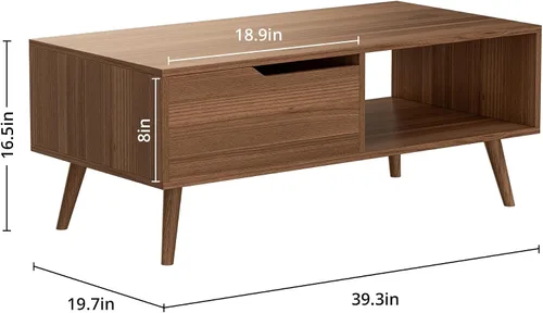 Vista 2 de DIYART Mesa de centro marrón, mesa de centro moderna de mediados de siglo con cajón y estante, mesa consola simple de madera de 39 pulgadas