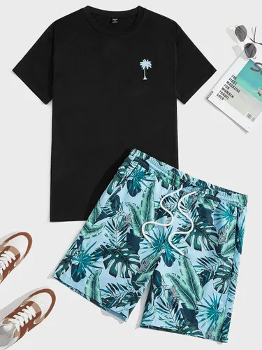 Vista 47 de GORGLITTER Conjunto de 2 piezas de camiseta gráfica de manga corta para hombre, estampado hawaiano con cordón y pantalones cortos