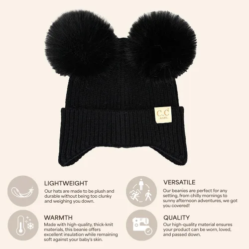Vista 4 de C.C Gorro de Bebé con Doble Pompón de Piel con Orejeras para Niños y Niñas - Gorro de Punto Skully Cómodo, Suave y Cálido para Bebés, Niños Pequeños