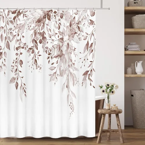 Vista 117 de Tititex - Juego de cortinas de ducha de eucalipto negro, hojas de acuarela gris en la parte superior, con decoración floral de baño, 60 x 72