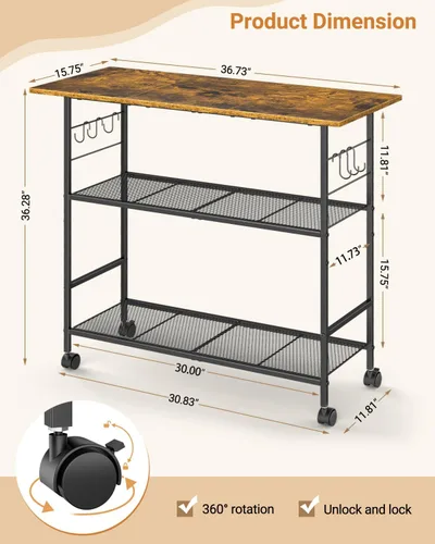 Vista 2 de Isla de cocina con 3 estantes, carrito de cocina rodante con 6 ganchos y estante protector, soporte de microondas con ruedas bloqueables, estante