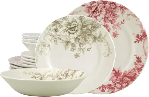 Vista 24 de Tudor Royal - Juego de vajilla redonda de porcelana de 12 piezas, servicio para 4, diseño botánico, flores de verano, platos, cuencos, brillante