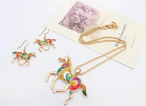 Vista 3 de YINLI Encantos esmaltados con colgante de caballo arco iris con pendientes conjuntos de joyería
