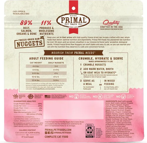 Vista 9 de Primal Nuggets de Alimento Crudo Liofilizado para Gatos de Res y Salmón, Comida Completa y Equilibrada o Topper, Premium, Saludable, Sin Granos