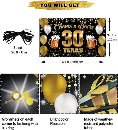 Vista 2 de Cartel de fondo de "Cheers & Beers to 30 Years", decoraciones de feliz cumpleaños 30 para hombres y mujeres, decoración de 30 aniversario