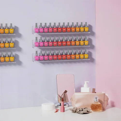 Vista 2 de FEMELI Estante de pared acrílico transparente para esmalte de uñas: 12 estantes de exhibición del soporte del organizador - 15 pulgadas