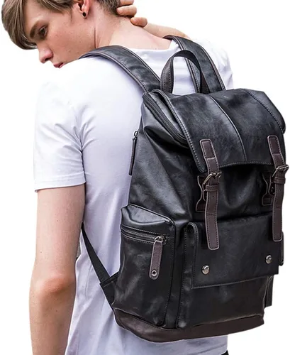 Vista 6 de HuaChen Mochila para portátil de cuero PU,Mochila de viaje vintage para la universidad,Mochilas casuales grandes para hombres - YZ11_Negro