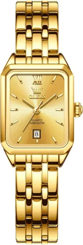 Vista 11 de OLEVS Reloj de mujer de oro de acero inoxidable, reloj de cara cuadrada pequeña con decoración de diamantes, reloj de vestir de cuarzo analógico