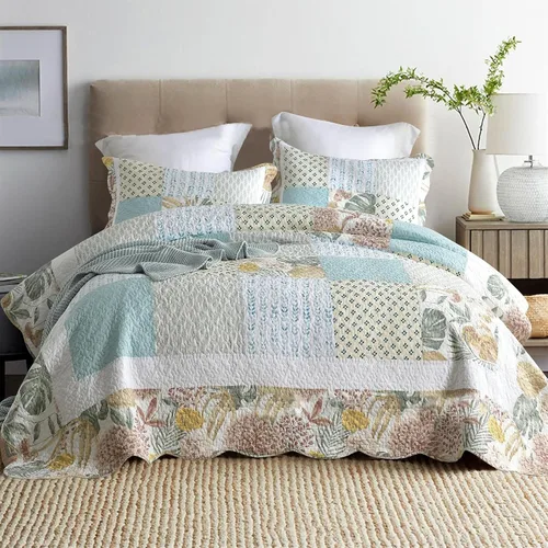 Vista 10 de ABREEZE Juego de edredón de retazos, ropa de cama tamaño Queen, reversible, transpirable, colorido, colcha acolchada floral con fundas de almohada