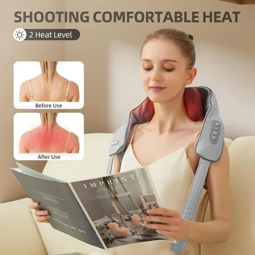 Vista 5 de Masajeador de cuello y hombros con calor, masajeador de hombros Shiatsu inalámbrico para aliviar el dolor de tejido profundo, masaje de amasamiento