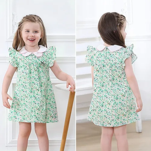 Vista 3 de Simplee kids Vestido casual para niñas pequeñas, vestido fruncido con estampado floral para primavera y verano de 1 a 6 años