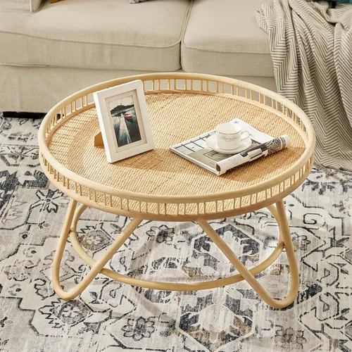 Vista 9 de FINECASA Mesa de centro redonda de ratán bohemio, tejida a mano, estilo moderno, mesa de centro redonda de mimbre para sala de estar, 32 x 18 Marrón