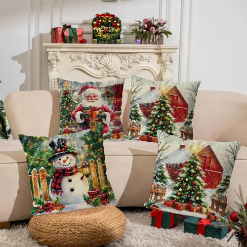 Vista 4 de Juego de 4 fundas de almohada de Navidad, muñeco de nieve, Papá Noel, Derr, decoración de Navidad, para el hogar, sofá, sala de estar, funda
