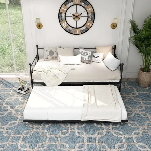 Vista 7 de Sofá cama con base de sofá cama nido con cabecero, soporte de listones de acero premium, base de colchón multifuncional, individual, negro