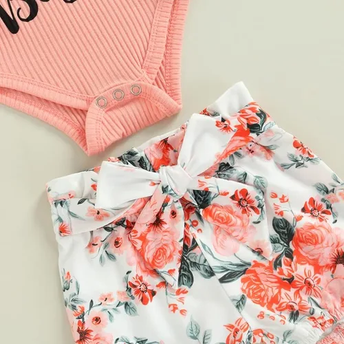 Vista 5 de Traje de tía para bebé recién nacida, mameluco de manga corta acanalado floral con diadema