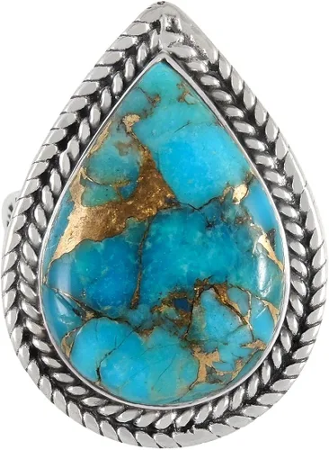 Vista 3 de Anillo de turquesa de plata de ley 925 y matriz de cobre genuina turquesa