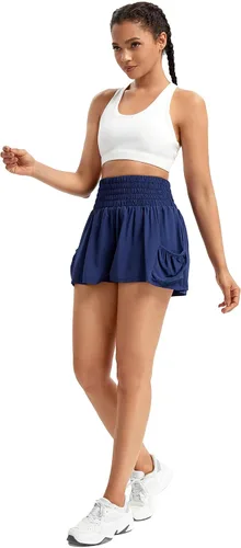Vista 7 de Blaosn Pantalones cortos fluidos de cintura alta para mujer, gimnasio, yoga, atletismo, correr, tenis, faldas con bolsillos, ropa bonita de verano