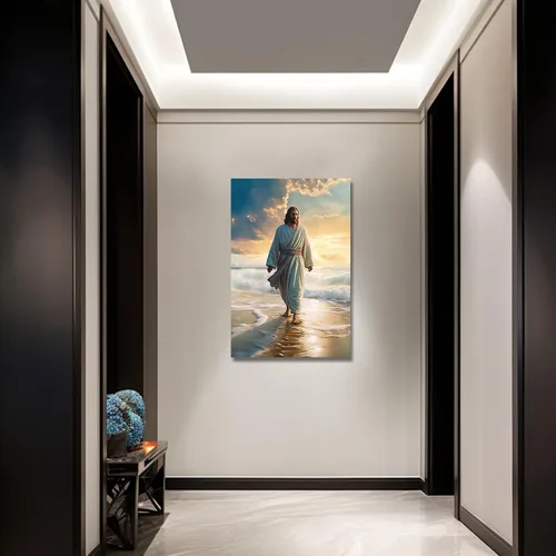 Vista 3 de LZIMU Lienzo decorativo para pared, diseño de Jesús caminando en la playa, póster de Dios, obra de arte católica para habitación espiritual