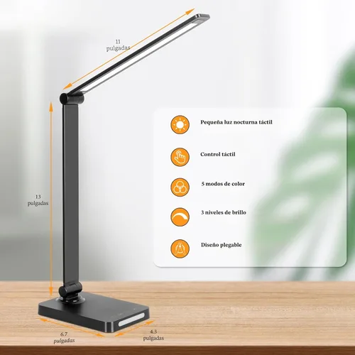 Vista 3 de Lámpara de escritorio LED con puertos USB, lámparas de escritorio táctiles para oficina en casa con 5 modos 3 Brightness Desk Light with Small