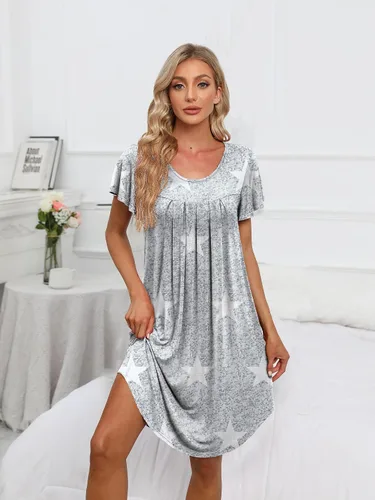 Vista 3 de Camisones plisados de manga corta para mujer, con bolsillos para las manos (S-5XL)