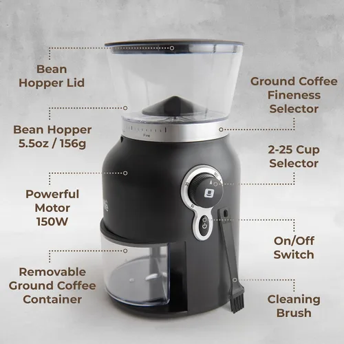 Vista 3 de Kaffe - Molinillo eléctrico de café (5.5 onzas), rebabas cónicas, 25 niveles de grosor ajustables, negro mate, cepillo de limpieza incluido