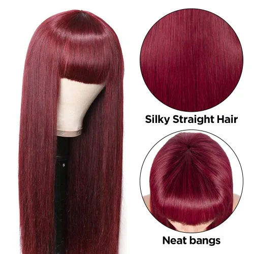 Vista 3 de Pelucas de cabello humano lacio hechas a máquina con flequillo, color borgoña #99J, sin pegamento, hechas a máquina, sin encaje frontal