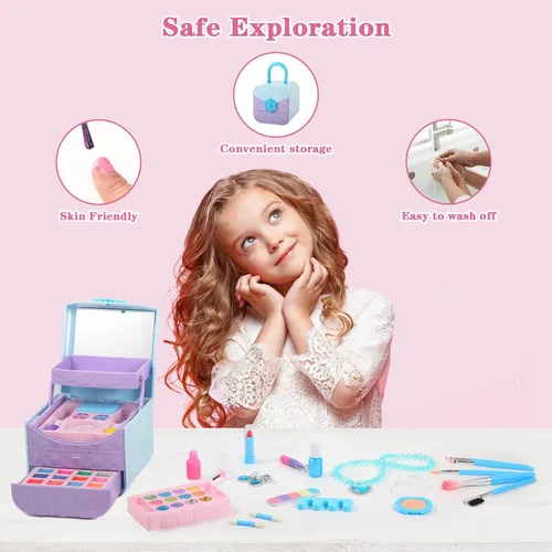 Vista 4 de TOKIA Kit de maquillaje para niños de gran cantidad de 49 piezas, no tóxico y seguro, maquillaje para niñas pequeñas, cosméticos lavables reales