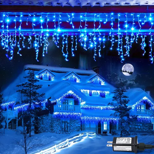 Vista 30 de JMEXSUSS 400 luces LED de Navidad de carámbano de 38.8 pies con control remoto, tira de luces multicolor para exteriores enchufables, 8 modos