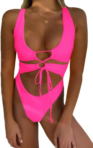Vista 9 de Traje de baño sexy de una pieza con recortes, encaje, espalda descubierta y corte alto monokini para mujer Azul bebé