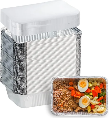 Vista 9 de Sartenes de aluminio con tapas (paquete de 50 unidades, 8.5 x 6 pulgadas), recipientes de alimentos de aluminio de 2.25 libras con tapas, 50