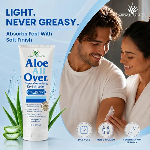 Vista 4 de Miracle of Aloe Loción súper hidratante para la piel seca de Aloe All Over (paquete de 3, 1 onza) - Fabricado con gel de aloe vera 72% UltraAloe