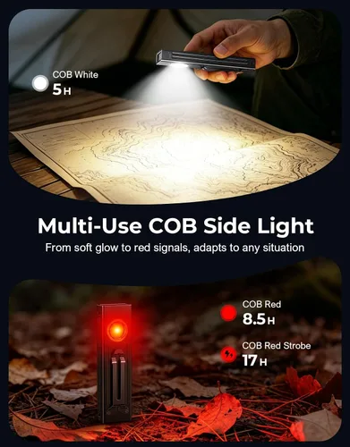 Vista 4 de Linterna de bolsillo EDC recargable de 1300 lúmenes, linterna LED magnética plana y con clip con foco 5 en 1/UV/haz rojo/reflector para campamento