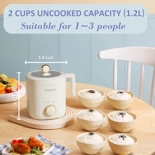 Vista 5 de TOPWIT Arrocera pequeña, mini olla arrocera para 2 tazas sin cocinar, arrocera portátil de 1.2 litros con revestimiento antiadherente, sin BPA, Beige