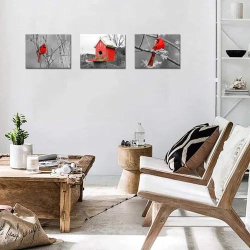 Vista 3 de SkenoArt 3 piezas de lienzo en blanco y negro para pared, póster cardenal rojo, pájaros, animales salvajes, pintura de paisajes de invierno