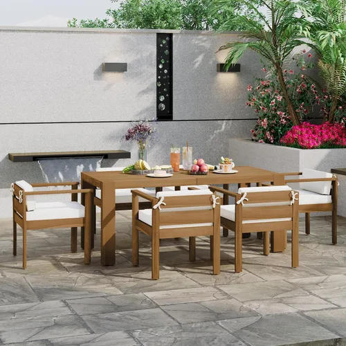 Vista 3 de Patio Dining Table Set for 6, 7-Piece Outdoor Furniture with 73 Inch Rectangular Table, Wood Chairs with Removable Cushions for Backyard, Poolside