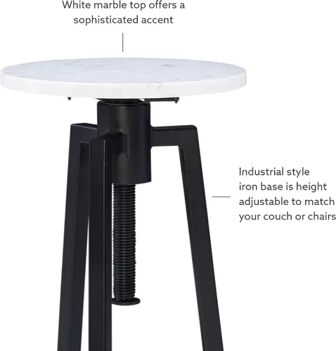 Vista 11 de Powell Muriel - Mesa de bebida con tapa de mármol blanco con estilo industrial, base de altura ajustable de metal negro