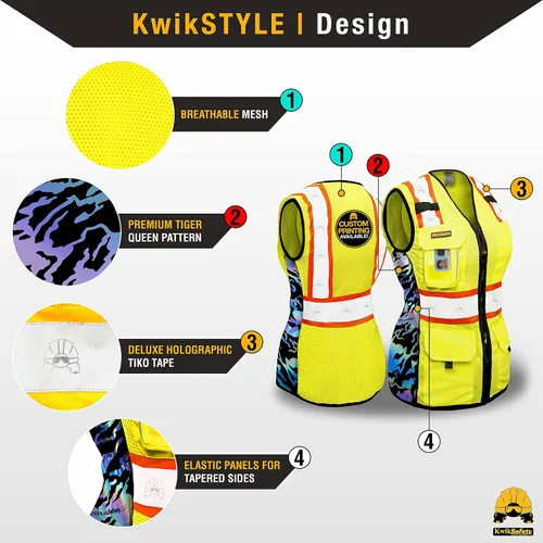 Vista 2 de KwikSafety TIGER QUEEN - Chaleco de seguridad para mujer [amarillo, L] + paquete de casco duro de ala completa TORTOISE
