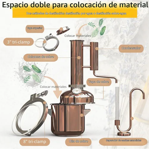 Vista 3 de HOOLOO Equipo de destilación de alambique de cobre 8L, destilador de aceite