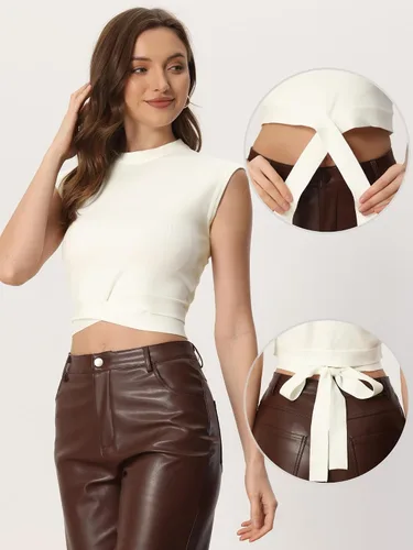 Vista 2 de Allegra K Chaleco de suéter sin mangas para mujer, casual, atado en la espalda, camiseta sin mangas recortada