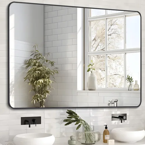 Vista 9 de SNUGACE Espejos de baño negro mate para sobre el fregadero, espejo de tocador de baño con marco rectangular para pared, 20 x 28 pulgadas