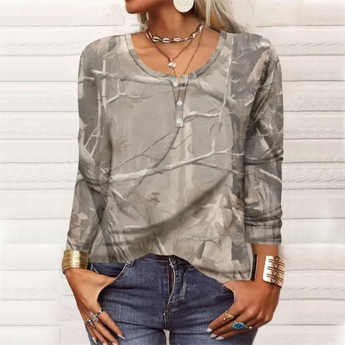 Vista 4 de Holiday Outfits for Women 2023 V Neck Button Down T Shirts Printing Long Sleeve Pullover Tops Hide Belly Outfit