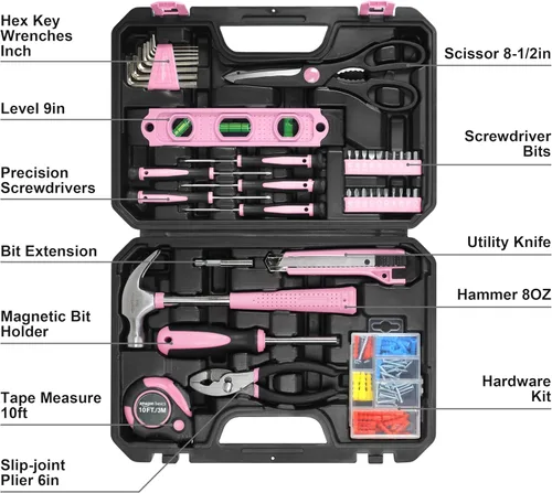Vista 3 de Amazon Basics Kit de herramientas para el hogar con estuche de almacenamiento, 142 piezas, rosa, 13.39 x 9.25 x 2.95 pulgadas