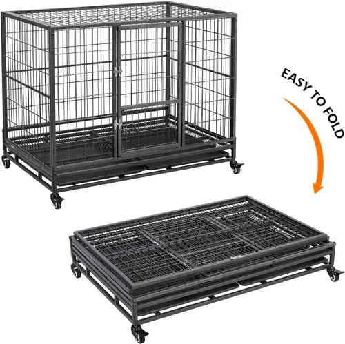Vista 9 de Yaheetech Jaula de perro resistente a prueba de escapes de 43 pulgadas con puertas dobles, 2 bandejas extraíbles, ruedas bloqueables, perrera