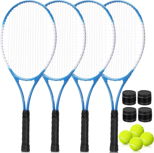 Vista 7 de Paquete de 4 raquetas de tenis para adultos, recreativas, para 4 jugadores, raquetas de tenis preencordadas de 27 pulgadas, raquetas de tenis