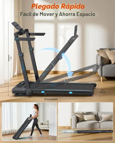 Vista 9 de WELLFIT Cinta de correr con inclinación automática, cintas de correr plegables 4 en 1 para el hogar con altura ajustable, cinta de correr silenciosa
