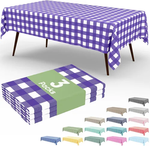 Vista 96 de Smiry Paquete de 3 Manteles Desechables de Cuadros Gingham Color Caqui - 54" x 72" Mantel de Plástico de Servicio Pesado, Cubiertas de Mesa
