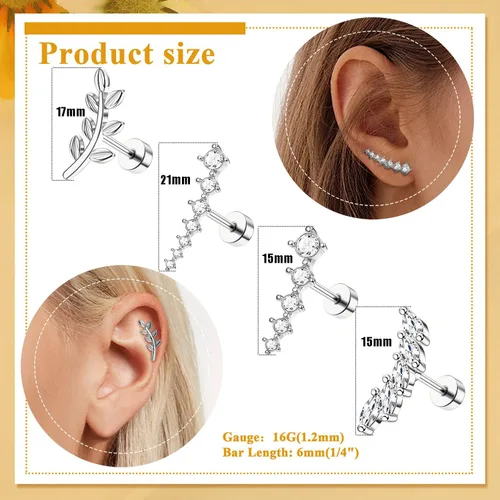 Vista 2 de Jstyle Juego de 8 aretes tipo dormilona de acero inoxidable 316L de 16G para mujeres y niñas, barra de hoja de ópalo con circonita cúbica, rosca
