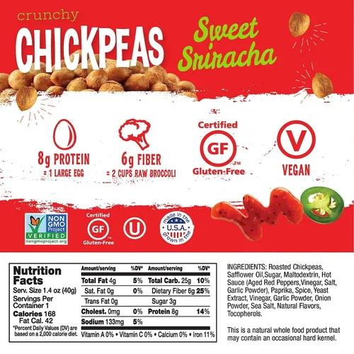 Vista 2 de The Good Bean Garbanzos crujientes – Sweet Sriracha – (paquete de 10) paquete de 1.4 onzas – Frijoles de garbanzos tostados – Snack vegano con buena