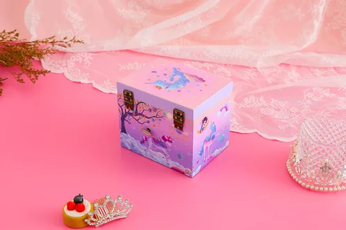 Vista 7 de Joyero musical de madera para niñas con juego de joyas a juego B-unicornio morado4