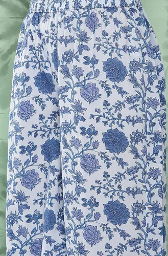 Vista 8 de Janasya Túnica de algodón azul claro indio estampado botánico con palazzo para mujer